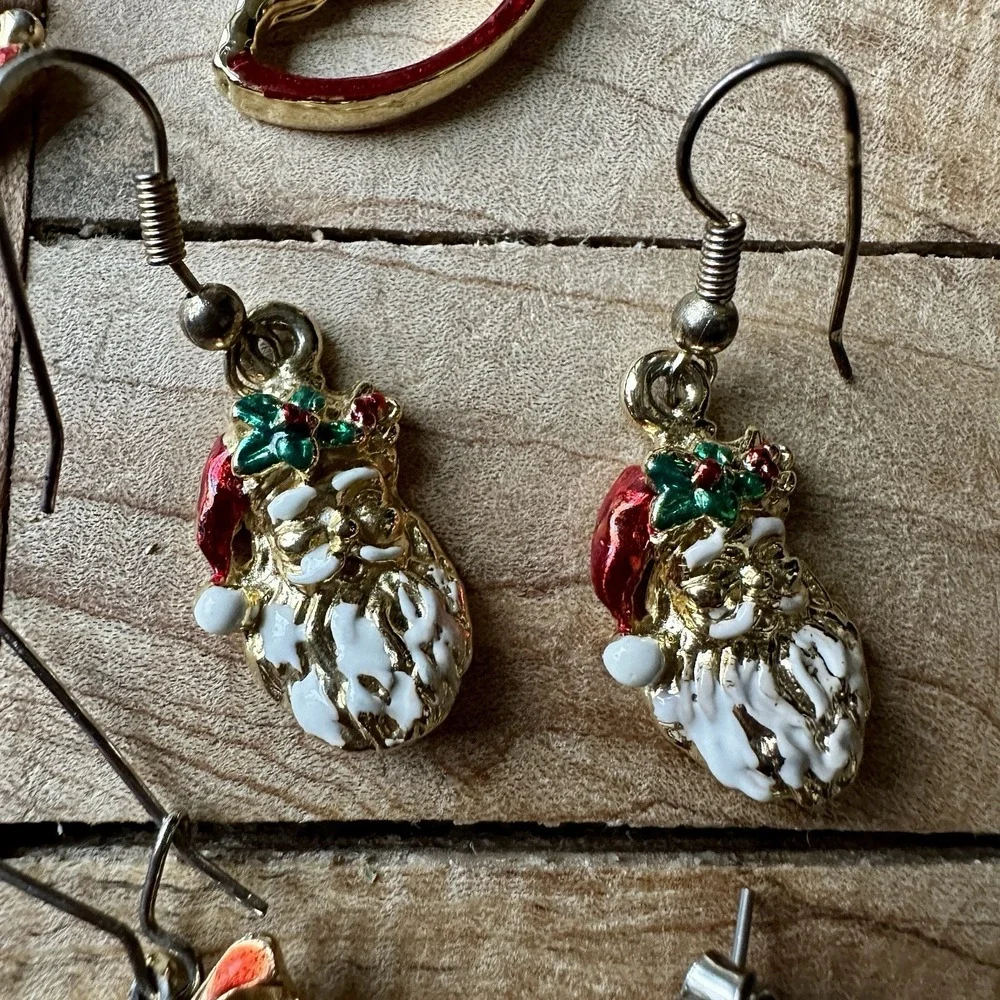 Vintage 4 Item Lot Christmas Earrings Rocking Horse Green Trees Santa‎ Bells